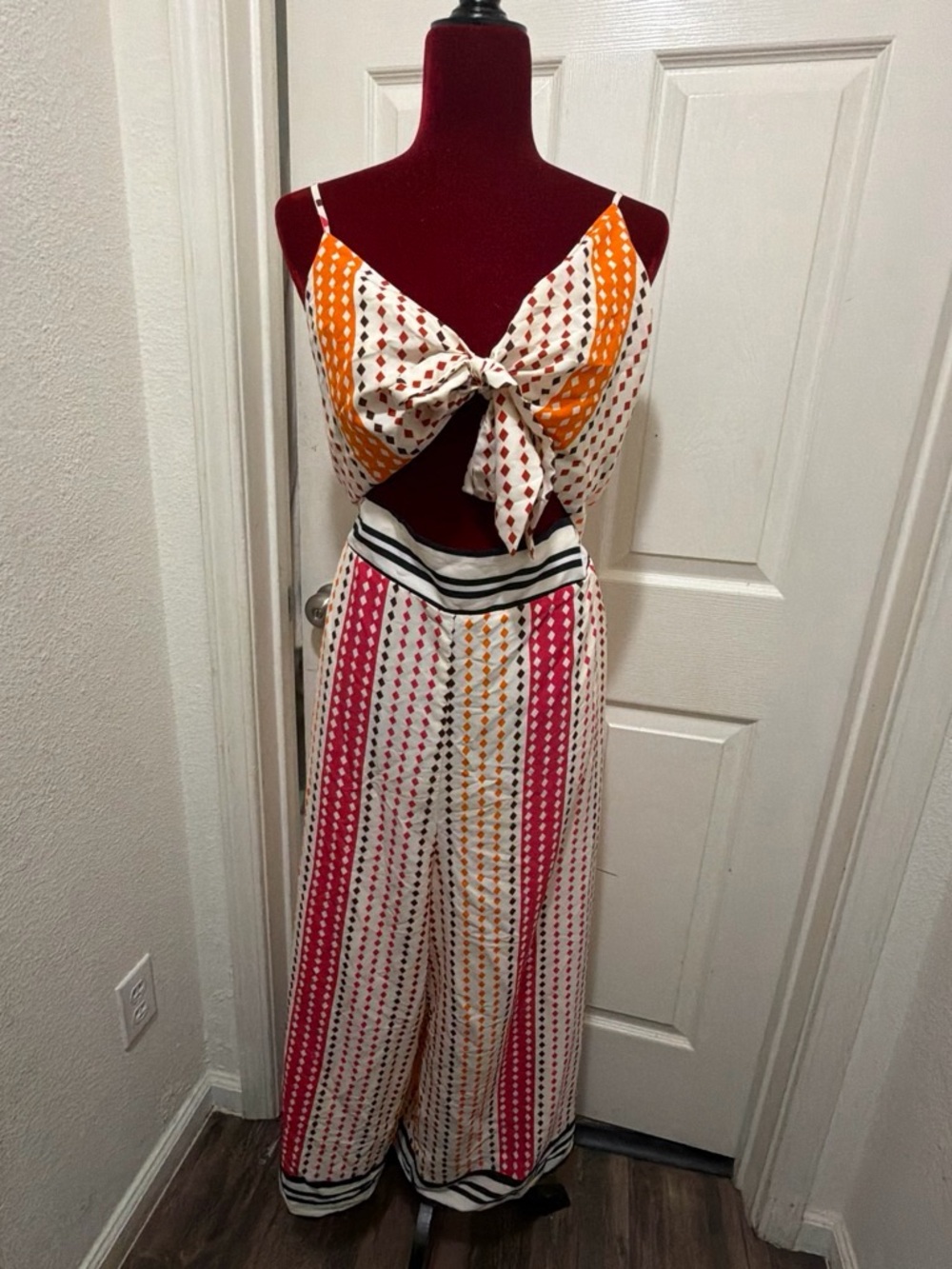 Women’s Striped Tie-Front Jumpsuit in White, Pink & Orange
